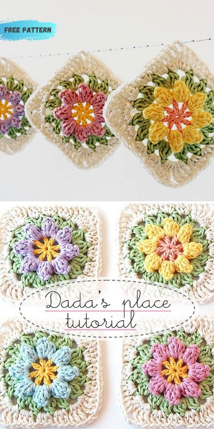 16 Flower Granny Square Patterns To Crochet This Summer PIN POSTER 11