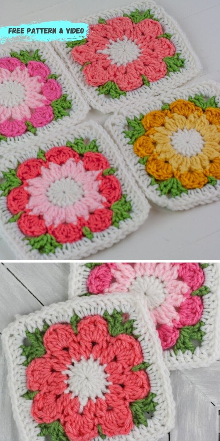 16 Flower Granny Square Patterns To Crochet This Summer PIN POSTER 14