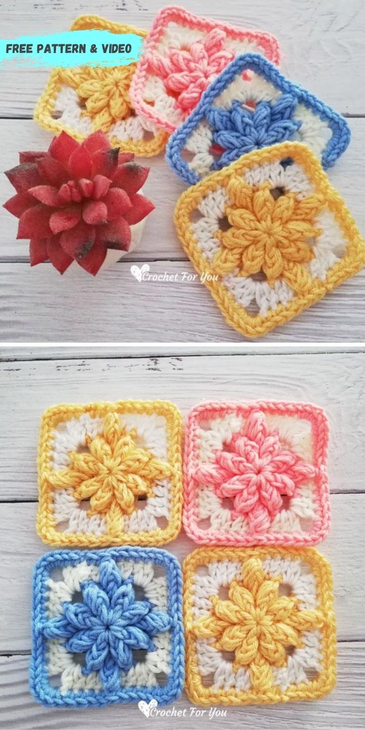 16 Flower Granny Square Patterns To Crochet This Summer PIN POSTER 5