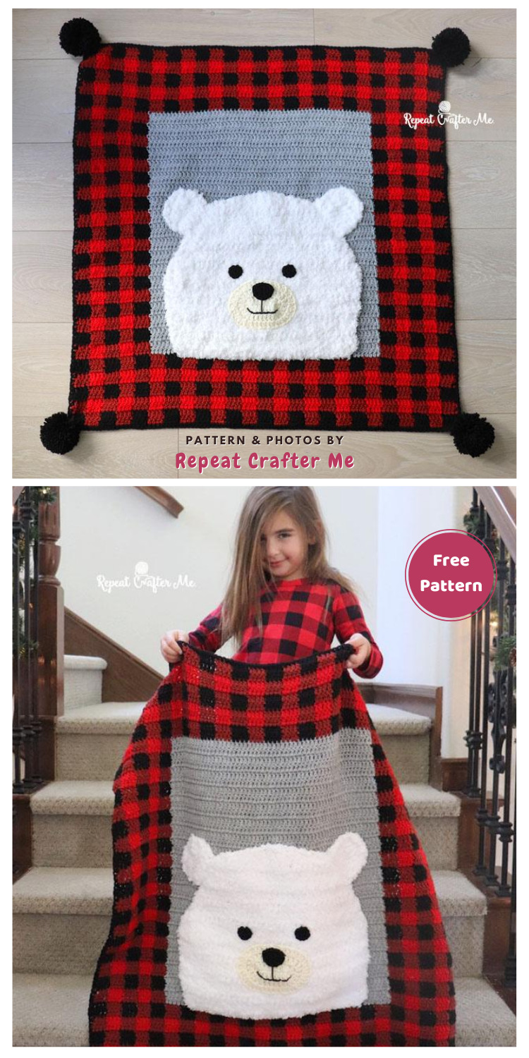 Crochet Plaid Polar Bear Blanket - 12 Free Super Cute Teddy Bear Blankets & Afghans