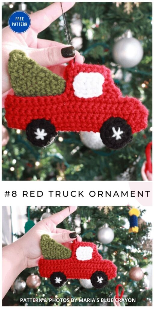 Crochet Red Truck Ornament - 9 Free Whimsical Christmas Decorations Tree Ornaments PIN