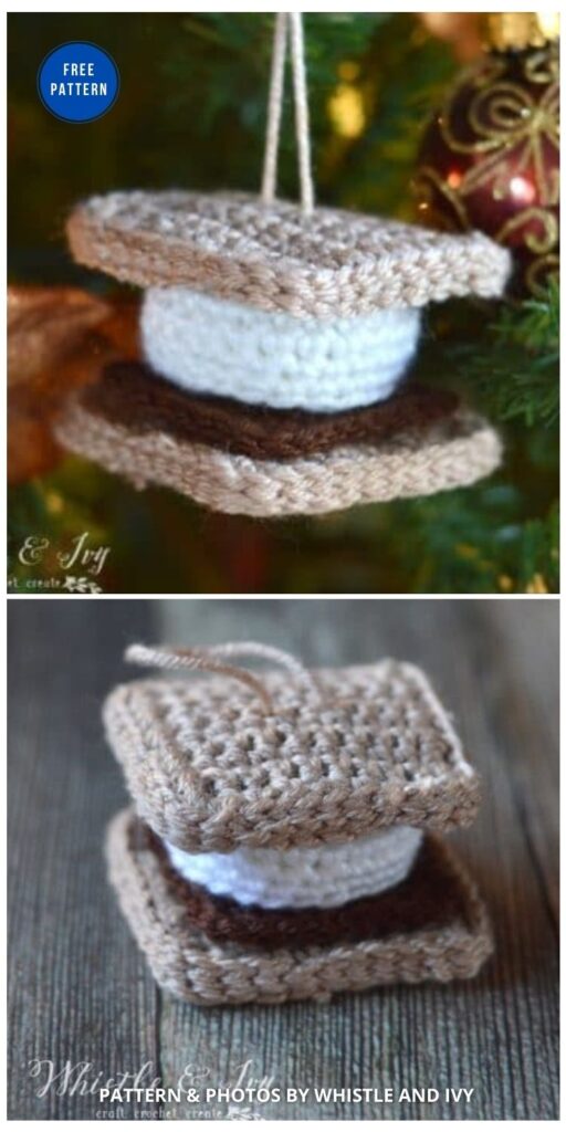 Crochet S’more Ornament - 9 Free Whimsical Christmas Decorations Tree Ornaments PIN