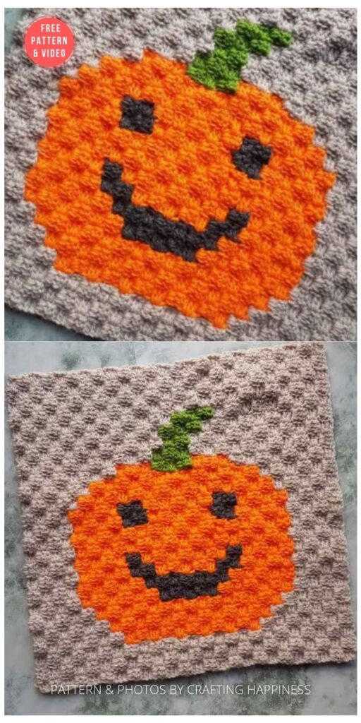 Quick & Easy Jack O Lantern Pixel Square Corner To Corner Crochet - 15 Free Halloween Granny Squares Crochet Patterns PIN