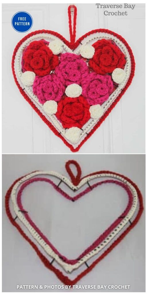 Crochet Valentine’s Rose Heart Wreath - 8 Free Crochet Heart Home Decor Patterns