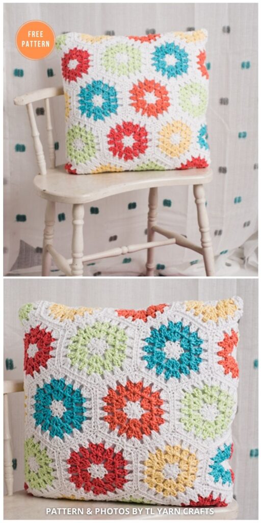 Bright and Early Hexagon Pillow - 14 Free Crochet Spring Pillow Patterns