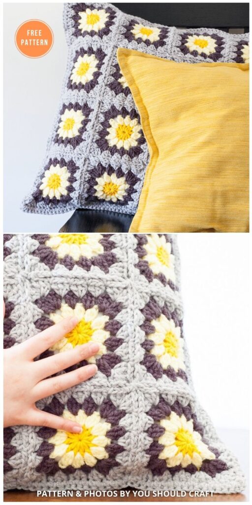 Daisy Granny Square Pillow - 14 Free Crochet Spring Pillow Patterns