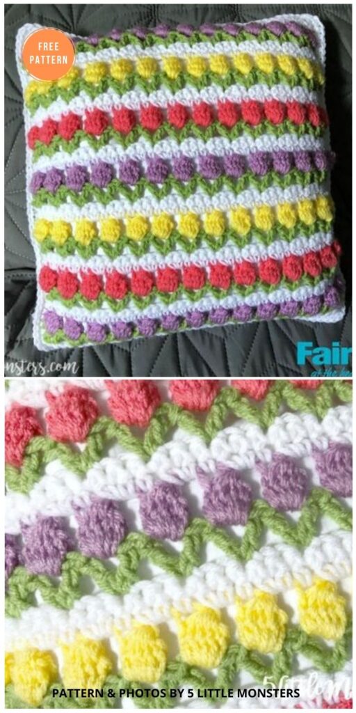 Spring Tulips Crochet Pillow - 14 Free Crochet Spring Pillow Patterns