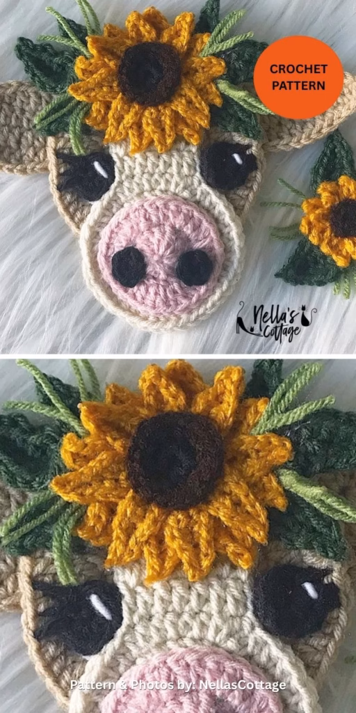 Crochet Cow Sunflower Applique - 12 Super Cute Crochet Animal Applique Patterns