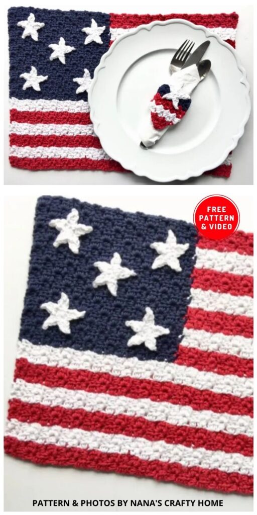 American Flag Placemat & Napkin Ring - 12 Easy Crochet 4th of July Party Decorations Patterns