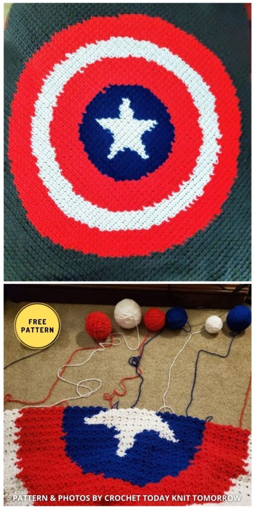 Captain America Shield C2C Blanket - 11 Free Awesome Superhero Crochet Blanket Pattern Ideas