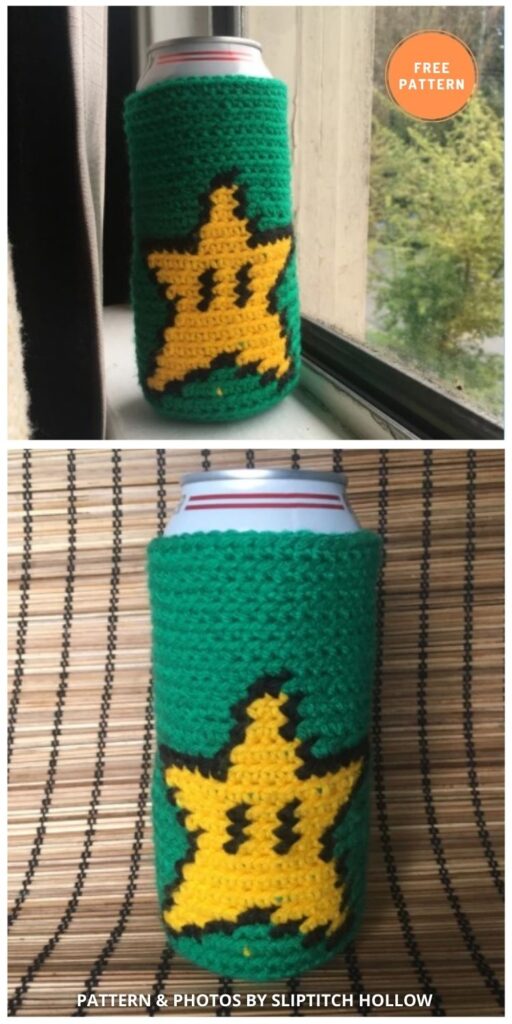 Mario Star Beer Cozy - 11 Free Easy Beer Can Cozy Crochet Patterns