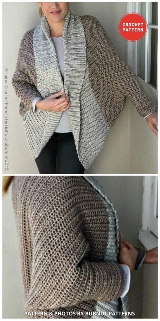 Oversized Shrug Crochet Pattern with Ribbed Shawl Collar - 7 Comfy & Stylish Crochet Shrug Patterns For Women