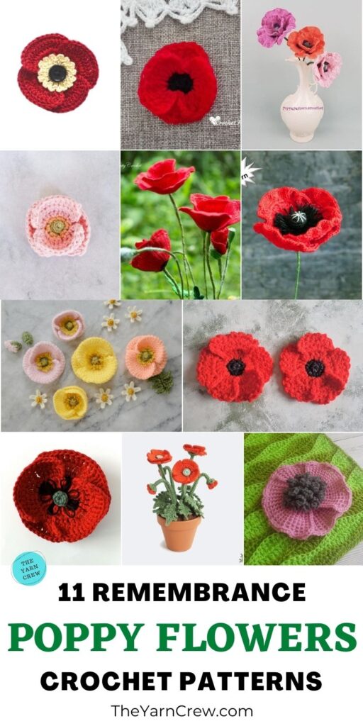 11 Remembrance Poppy Flower Crochet Patterns PIN 3