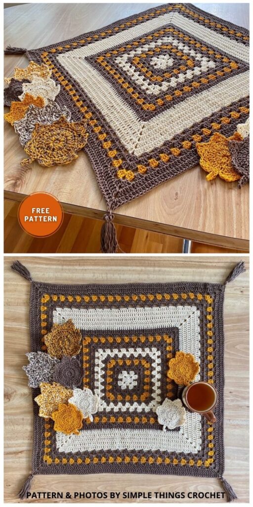 Autumn Table Cover & Leaf Coaster Set - 12 Free Crochet Thanksgiving Home Decor Patterns