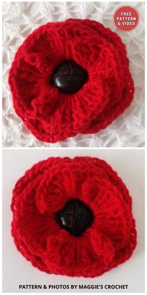 Button Poppy Flower - 11 Free Crochet Poppy Accessory Patterns