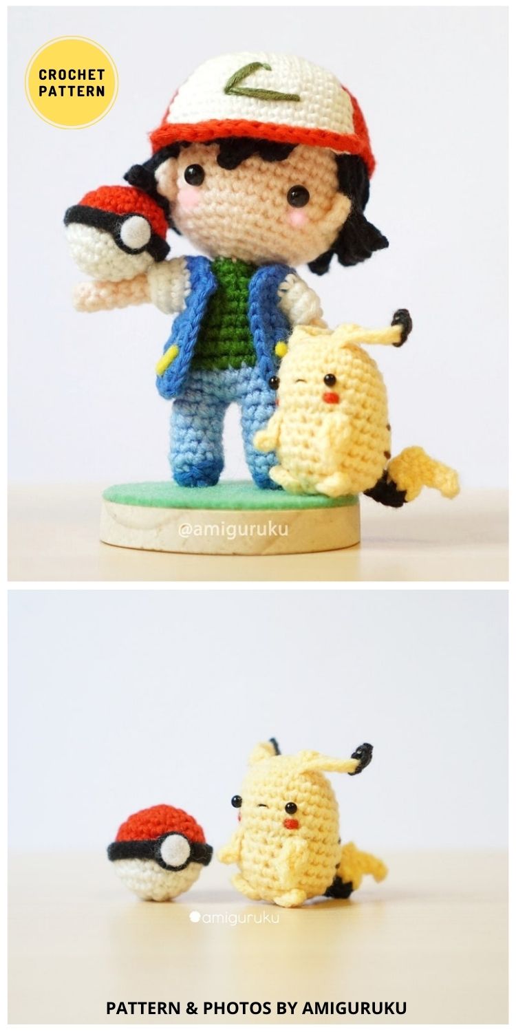 Crochet Ash Ketchum Pokemon with Mini Pikachu & Pokeball - 11 Cutest Amigurumi Pikachu Crochet Patterns