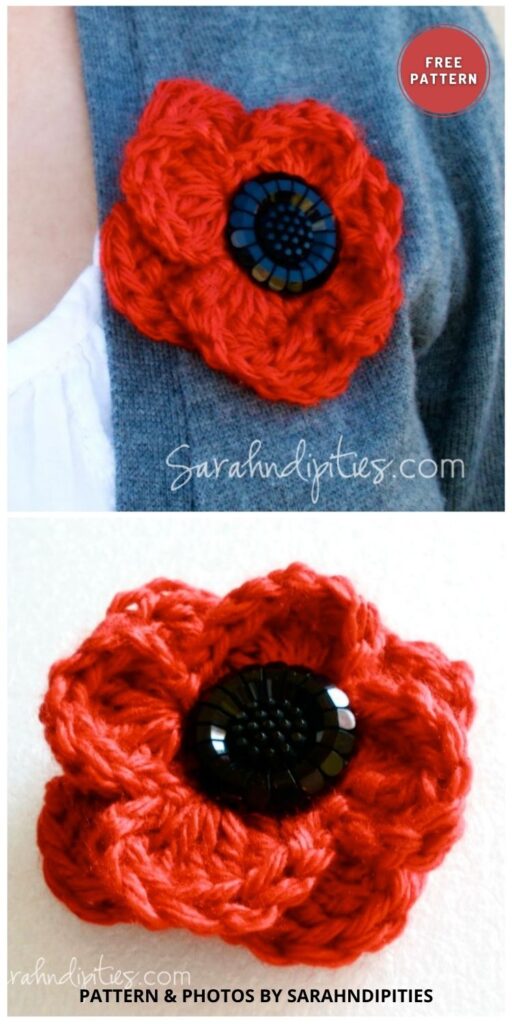 Crochet Poppy Remembrance Pin - 11 Free Crochet Poppy Accessory Patterns