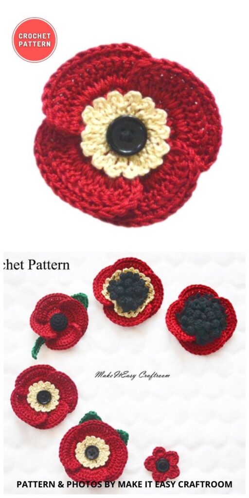 Poppy Flower Brooch - 11 Crochet Remembrance Poppy Flower Patterns