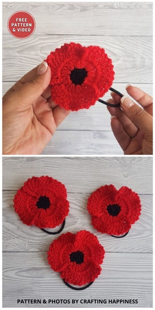 Poppy Flower Hair Tie - 11 Free Crochet Poppy Accessory Patterns