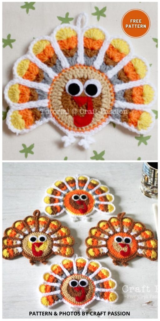Turkey Coasters - 12 Free Crochet Thanksgiving Home Decor Patterns