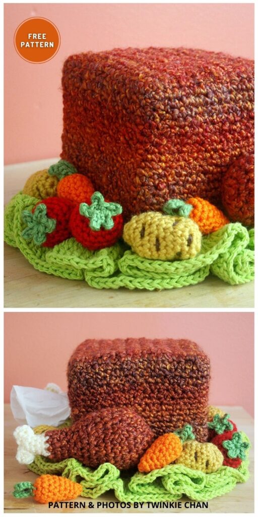 Turkey Tissue Box Cozy with Roasted Veggies - 12 Free Crochet Thanksgiving Home Decor Patterns