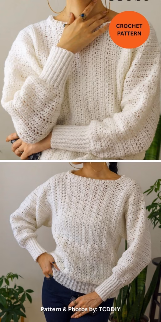 Ribbed Crewneck Batwing Sweater Pattern - 5 Crochet Crew Neck Sweater Patterns For Women