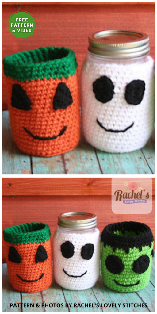 Crochet Ghost, Jack O Lantern and Frankie Jar Cozy - 8 Free Spooky Halloween Party Decor Crochet Patterns