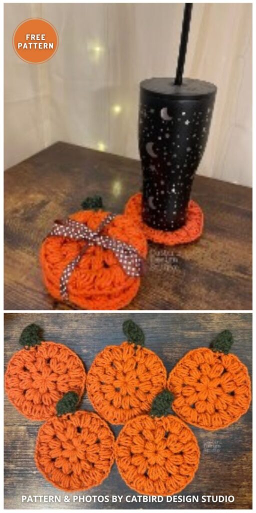 Pumpkin Puff Coaster Set - 6 Free Halloween Pumpkin Coaster Crochet Patterns