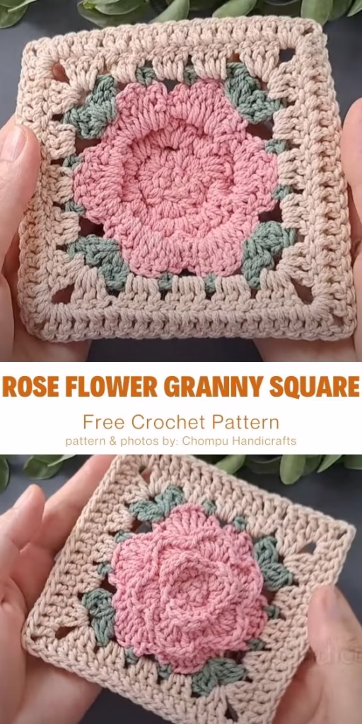 10. Crochet Rose Flower Granny Square