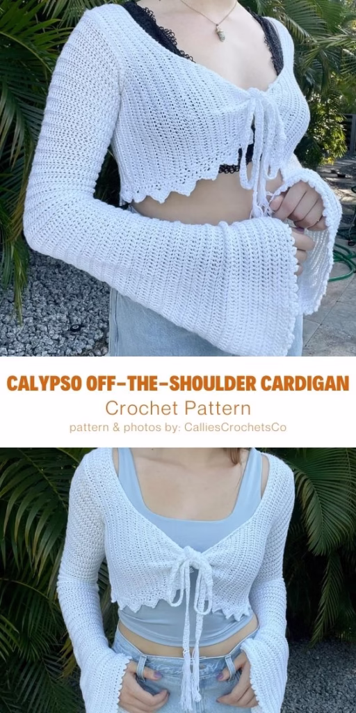 Calypso Off-The-Shoulder Cardigan - 15 Comfy Crochet Bodyless Long Sleeve Top Patterns For Women - Curated by The Yarn Crew