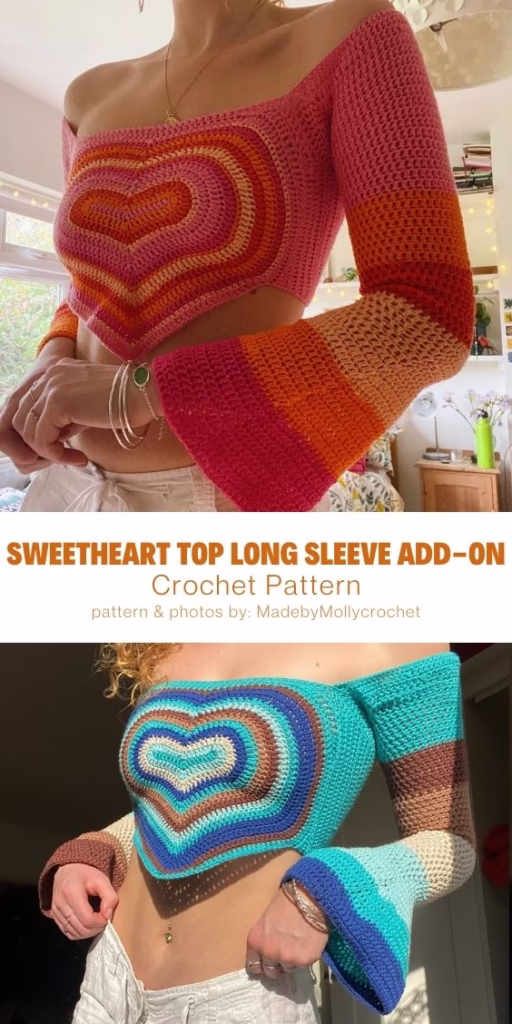 Sweetheart Top Long Sleeve Add-on - 15 Comfy Crochet Bodyless Long Sleeve Top Patterns For Women - Curated by The Yarn Crew