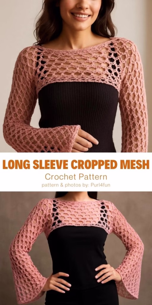 Long Sleeve Cropped Mesh - 15 Comfy Crochet Bodyless Long Sleeve Top Patterns For Women - Curated by The Yarn Crew