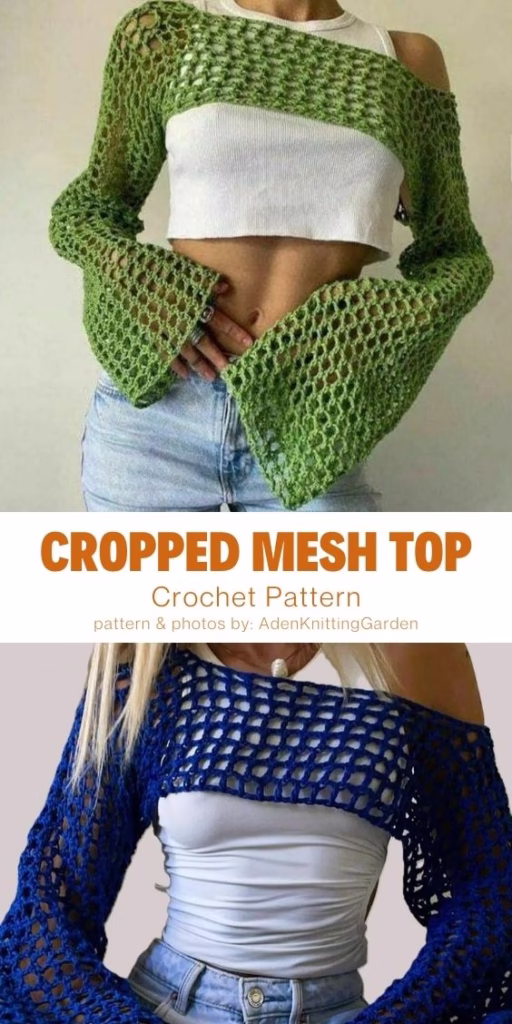 Cropped Mesh Top - 15 Comfy Crochet Bodyless Long Sleeve Top Patterns For Women - Curated by The Yarn Crew