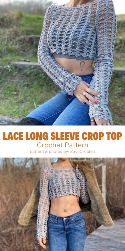 Lace Long Sleeve Crop Top - 15 Comfy Crochet Bodyless Long Sleeve Top Patterns For Women - Curated by The Yarn Crew
