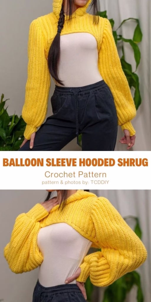 Balloon Sleeve Hooded Shrug - 15 Comfy Crochet Bodyless Long Sleeve Top Patterns For Women - Curated by The Yarn Crew