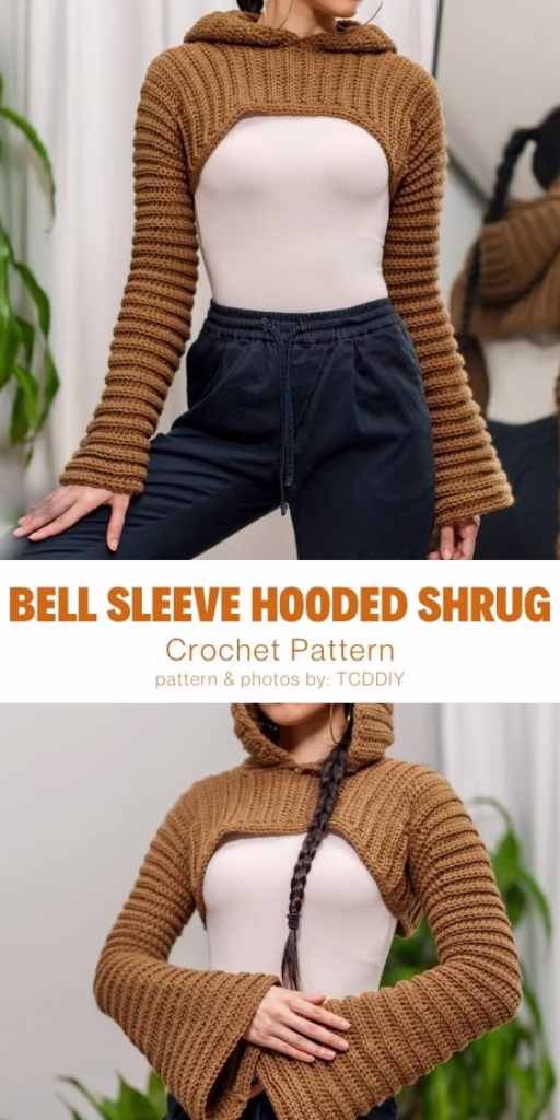 Bell Sleeves Hooded Shrug - 15 Comfy Crochet Bodyless Long Sleeve Top Patterns For Women - Curated by The Yarn Crew