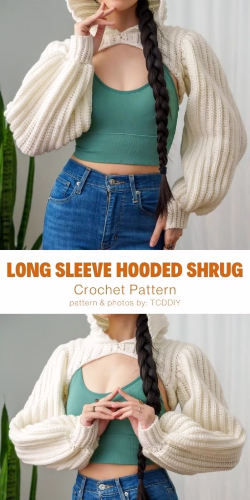 Long Sleeve Hooded Shrug - 15 Comfy Crochet Bodyless Long Sleeve Top Patterns For Women - Curated by The Yarn Crew