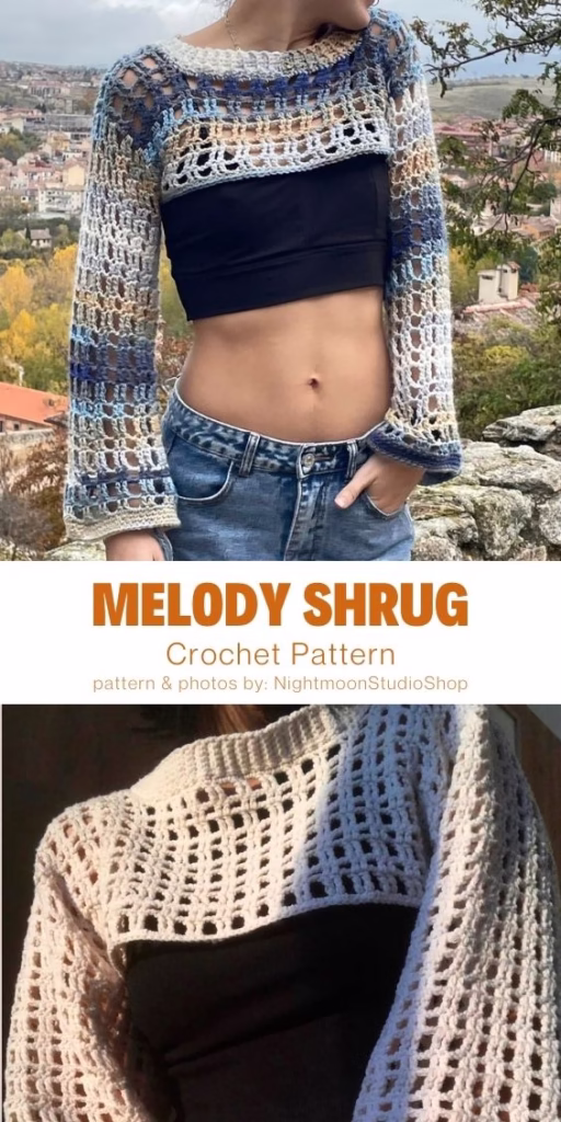 Melody Shrug - 15 Comfy Crochet Bodyless Long Sleeve Top Patterns For Women - Curated by The Yarn Crew