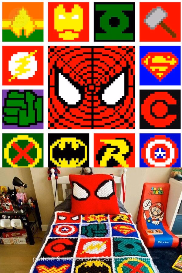 
Gemini said
An image showcasing a superhero-themed crochet roundup from theyarncrew.com, featuring a large Spider-Man mask chart surrounded by pixelated icons of Iron Man, Green Lantern, Thor, Superman, Captain America, and others. Below the charts, a photo shows the finished crochet blanket and a matching Spider-Man pillow on a bed, with credit given to ACSCrochetShop for the patterns and photos.