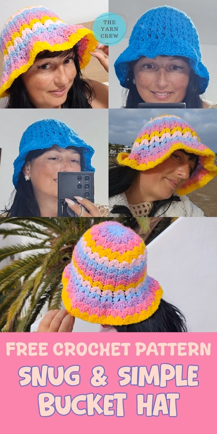 A collage of five photos showing a woman modeling different crochet bucket hats in solid blue and a multi-colored striped pattern, part of a crochet roundup from https://theyarncrew.com/. A pink banner at the bottom features the text "FREE CROCHET PATTERN SNUG & SIMPLE BUCKET HAT" in a playful font.