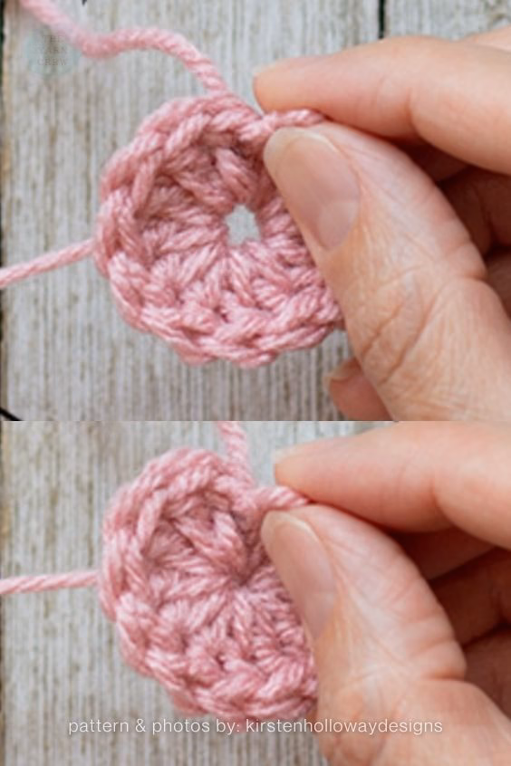 A two-panel step-by-step demonstration showing a hand holding a pink crocheted circle, showcasing the before and after comparison of pulling a magic ring's yarn tail to close the center hole securely. Curated by Ariana of TheYarnCrew.
