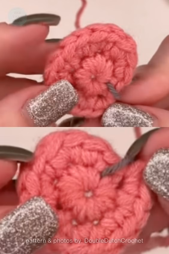 A two-panel close-up showing fingers with silver glitter nails using a yarn needle to weave in a grey tail on a pink crocheted circle. Curated by Ariana of TheYarnCrew.