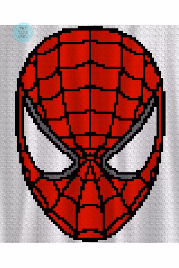 A graphic of a pixel-style c2c crochet Spider-Man mask, featuring red blocks with black web lines and large white eyes bordered in grey and black. This is a crochet roundup from https://theyarncrew.com/.